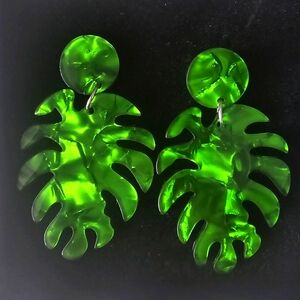 Green Acrylic Palm Leaf Dangle Earrings